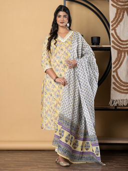 Readiprint - Straight Cotton Yellow Kurta with Pant & Dupatta (Set of 3)