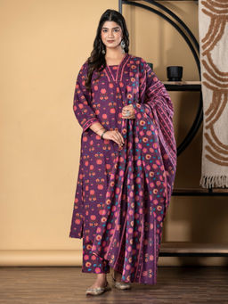 Readiprint - Straight Cotton Purple Kurta with Pant & Dupatta (Set of 3)