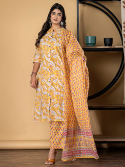 Readiprint - A Line Cotton Yellow Kurta with Pant & Dupatta (Set of 3)