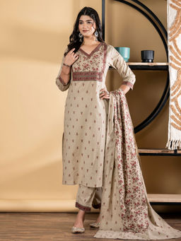 Readiprint - Straight Cotton Beige Kurta with Pant & Dupatta (Set of 3)
