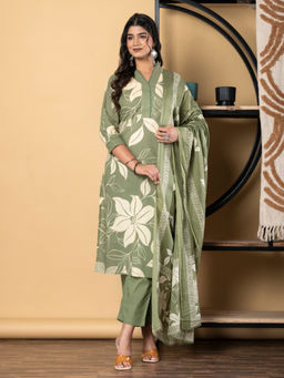 Readiprint - Straight Cotton Green Kurta with Pant & Dupatta (Set of 3)