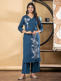 Readiprint - Straight Cotton Teal Kurta with Pant (Set of 2)