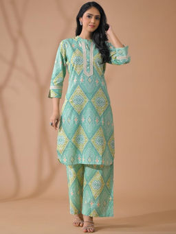 Readiprint - Curved Poly Cotton Green Kurta with Pant (Set of 2)