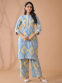 Readiprint - Curved Poly Cotton Blue Kurta with Pant (Set of 2)