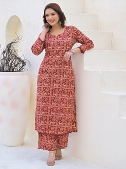 Readiprint - Straight Cotton Maroon Kurta with Pant (Set of 2)