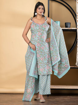 Readiprint - Straight Cotton Turquoise Blue Kurta with Pant & Dupatta (Set of 3)
