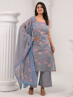Readiprint - Straight Cotton Grey Kurta with Pant & Dupatta (Set of 3)