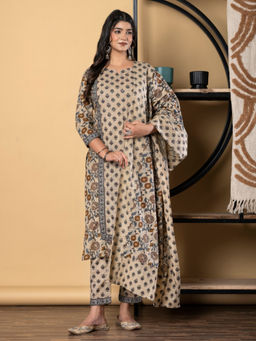 Readiprint - Straight Cotton Beige Kurta with Pant & Dupatta (Set of 3)
