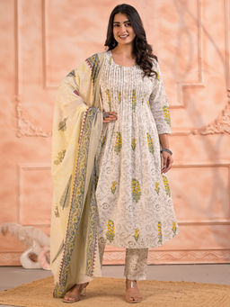 Readiprint - A Line Cotton White Kurta with Pant & Dupatta (Set of 3)