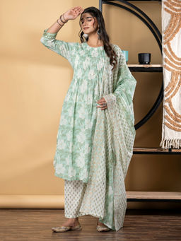 Readiprint - A Line Cotton Green Kurta with Pant & Dupatta (Set of 3)