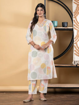 Readiprint - Straight Cotton Orange and Off White Kurta with Pant (Set of 2)