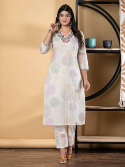Readiprint - Straight Cotton Green and Off White Kurta with Pant (Set of 2)