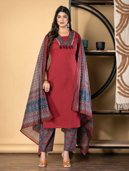 Readiprint - Straight Cotton Maroon Kurta with Pant & Dupatta (Set of 3)