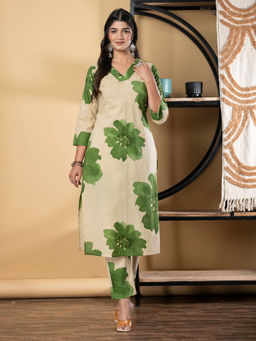 Readiprint - Straight Cotton Green Kurta with Pant (Set of 2)