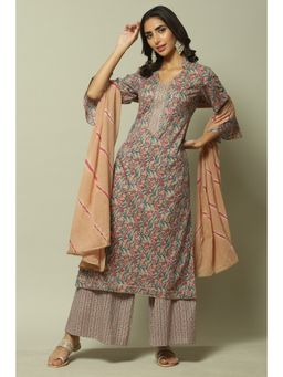 Biba - Brown Cotton Unstitched Suit (Set of 3)