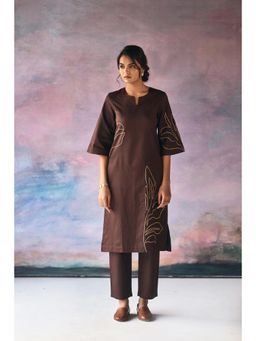 Prakriti Jaipur - Brown Leaves Embroidery Kurta with Pant (Set of 2)