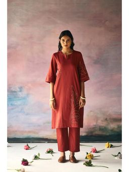 Prakriti Jaipur - Red Leaves Embroidery Kurta with Pant (Set of 2)