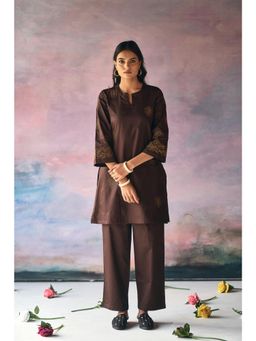 Prakriti Jaipur - Brown Dahlia Embroidery Kurta with Pant (Set of 2)