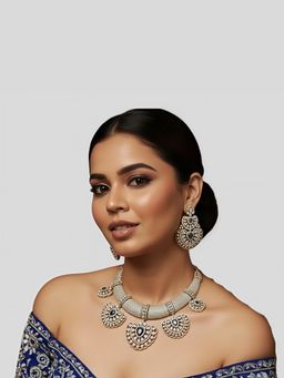 Auraa Trends - Royal Blue Stone Studded Bridal Necklace With Earrings