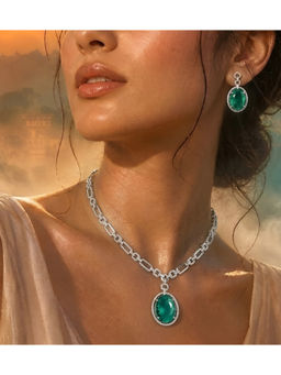 Auraa Trends - Silver-Toned Emerald Green Crystal Pendant Necklace With Earrings