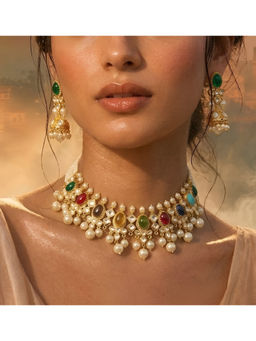 Auraa Trends - Old-Toned Navratna Kundan Pearl Choker Necklace With Jhumka Earrings