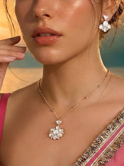 Auraa Trends - Elegant Floral Crystal Pendant Necklace And Earrings