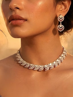 Auraa Trends - Luxury Pink And White Crystal Statement Necklace With Drop Earrings