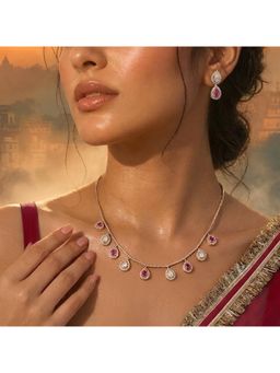 Auraa Trends - Gold Plated Pink And White Kundan Drop Necklace And Earrings