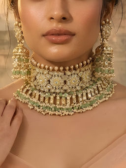 Auraa Trends - Gold Plated Kundan Mint Green Beads Choker Necklace And Earrings