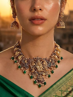 Auraa Trends - Traditional South Indian Temple Jewellery Lakshmi Necklace With Jhumka Earrings