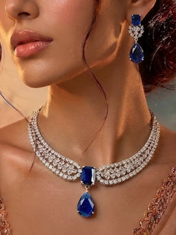 Auraa Trends - Blue Sapphire Crystal Zircon Stones Choker Necklace And Earrings