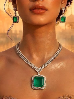 Auraa Trends - Emerald Green Crystal Pendant Necklace With Earrings