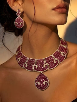 Auraa Trends - Ruby Pink Crystal Statement Choker Necklace With Earrings
