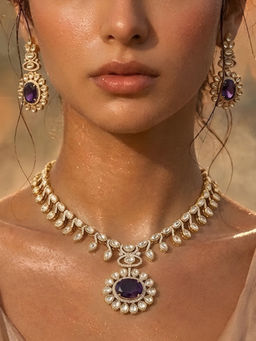 Auraa Trends - Elegant Kundan-Inspired Purple Stone Necklace And Earrings Set