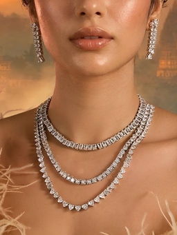 Auraa Trends - Luxury Silver-Tone Layered Crystal Necklace And Drop Earrings Set