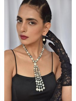 SWABHIMANN - Grey Kwen And Pearl Long Necklace And Earrings