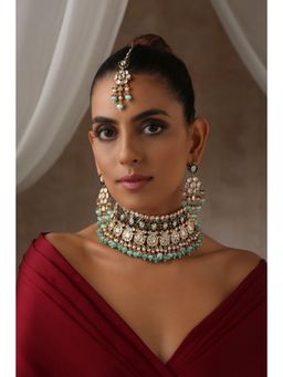 SWABHIMANN - Multicolor Sehrish And Polki Choker With Earrings And Maang Tikka