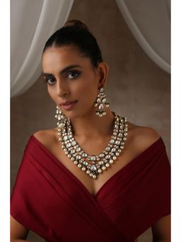 SWABHIMANN - Multicolor Mazosi Polki And Pearl Long Necklace And Earrings