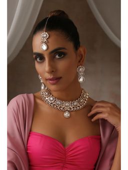 SWABHIMANN - Rose Gold Namreen Rose Gold Polki Necklace With Earrings And Maang Tikka