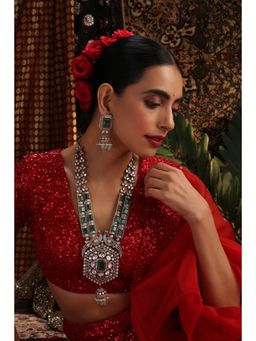 SWABHIMANN - Green Meherbaan Emerald Polki Long Necklace And Earrings