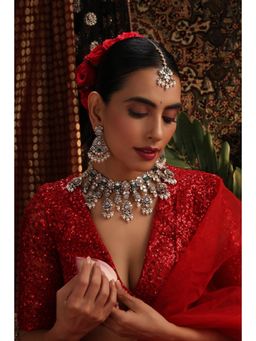 SWABHIMANN - Green Ruaab Polki Necklace With Earrings And Maang Tikka