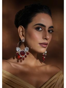 SWABHIMANN - Red Raha Silver Polki Chandbali Earrings