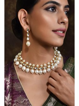 SWABHIMANN - White Amika Pearl Duo Gold Plated Short Necklace And Earrings