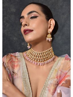 SWABHIMANN - Pink Sehar Gold Plated Kundan Choker Necklace And Earrings
