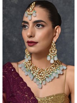 SWABHIMANN - Blue Shrava Blue Gold Plated Kundan Bridal Necklace With Earrings And Maang Tikka
