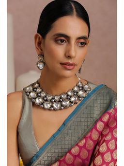 SWABHIMANN - Grey Ravia Victorian Polki Choker Necklace And Earrings