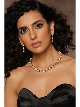 SWABHIMANN - Red Milli Polki Single Line Necklace And Earrings