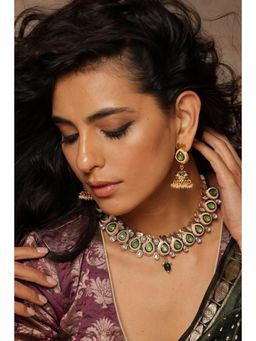 SWABHIMANN - Green Virjh Gold Plated Temple Work Necklace And Earrings