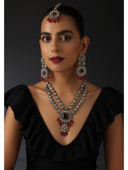 SWABHIMANN - Red Frehana Victorian Polki Silver Necklace With Earrings And Maang Tikka