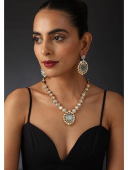 SWABHIMANN - Green Giva Polki Silver Necklace And Earrings